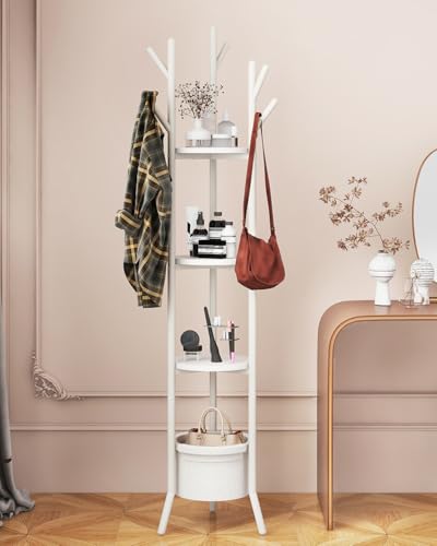 YMYNY Coat Rack, Freestanding Coat Stand with Storage Shelves, Hall Trees with 3 Wooden Shelves and 1 Fabric Basket, Metal Clothes Stand for Hats Bags Hallway Bedroom White UHGR005W - color: White