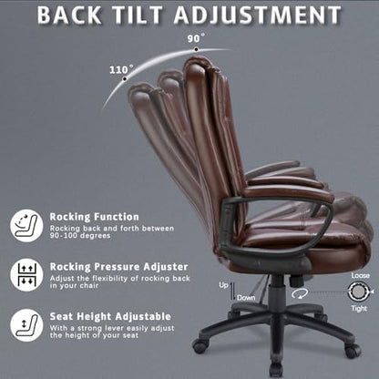 Adjustable High Back PU Leather Executive Office Chair, Brown | Ideal for office or home, 360° swivel, padded armrests, pneumatic height adjustment, Durable PU leather for long sitting - color: Brown