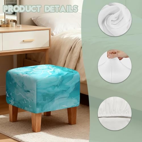 Teal Marble Print Ottoman Cover Square, Storage Ottoman Slipcovers Stretch Footrest Foot Stool Covers Protector with Elastic Band, for Pets - color: Teal Marble