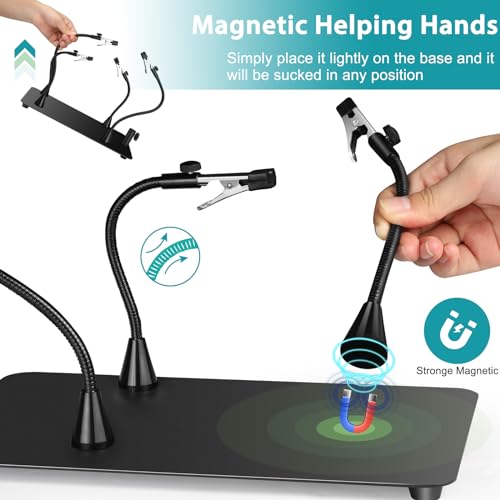 Helping Hands 납땜 스테이션, 조명 및 스탠드가 있는 12X 돋보기, 4개의 마그네틱 세번째 손 납땜 도구, 납땜 수리 주얼리 공예용 PCB 홀더 돋보기 책상 램프