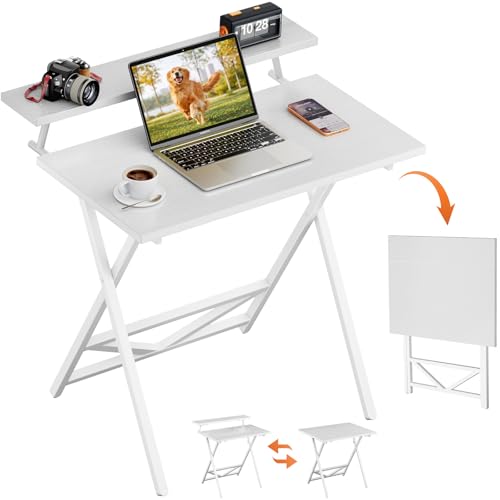 WOHOMO Folding Computer Desk with Monitor Stand, Adjustable Height, White | Foldable Table Small Office Desk for Bedroom, Space Saving Desk for Home Office, Easy Assembly - color: White