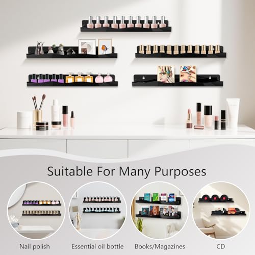 Nail Polish Wall Rack, 6-Shelf 15-Inch Black Acrylic Nail Polish Shelves with Removable Ends – Multi-Purpose Shelf for Essential Oils, Cosmetics Storage and Display for Salons and Bathrooms - color: Black
