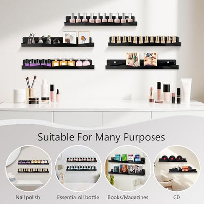 Nail Polish Wall Rack, 6-Shelf 15-Inch Black Acrylic Nail Polish Shelves with Removable Ends – Multi-Purpose Shelf for Essential Oils, Cosmetics Storage and Display for Salons and Bathrooms - color: Black