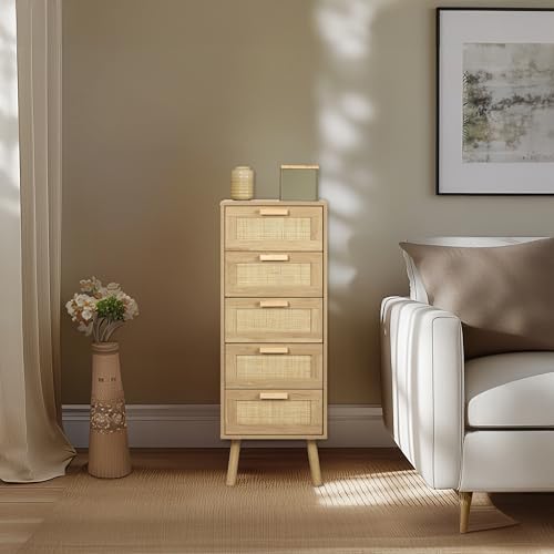 Finnhomy Rattan Dresser for Bedroom, Tall Dresser with 5 Hand Made Rattan Decorated Drawers, Small Chest of Drawers for Living Room, Closet, Hallway, Natural - size: 15.6"D x 15.7"W x 42.1"H (5 Drawers)