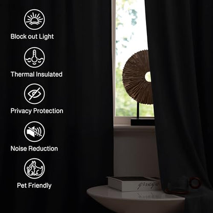 Black Blackout Curtains Dual Rod Pocket, W52 x L63 inches, 2 Panels | 300GSM Soft Heavy Velvet, Thermal Insulated, Noise Reducing, Bedroom, Home Office, Theater Media Room - color: Neutral Series - Black, size: 52"W x 63"L (Pack of 2)