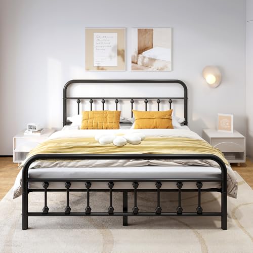 Vengarus Full Metal Bed Frame with Victorian Headboard & Footboard, Black | 14" Full Metal Platform Frame, Heavy Duty Steel Slat Support, Noise Free, No Box Spring Needed, Easy Disassembly & Transport - size: Full