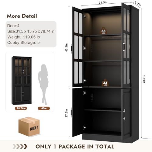 Kitchen Pantry Storage Cabinet with LED Lights, 78.7" Tall with Glass Doors & Drawers, Freestanding Utility Cabinet, Black (31.5" W x 15.7" D) - color: Black, size: 4 Doors