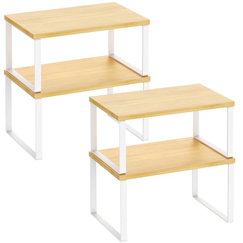 Kitchen Cabinet Organizer Shelf Set of 4, Sturdy Kitchen Counter Shelves with Metal Legs, Stackable Expandable Wood Spice Rack Pantry Cupboard Dish Mug Cup Storage Organizer Shelf,White+Bamboo - color: White+Bamboo