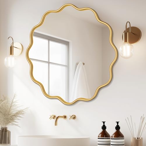 PROHOMEWARE Gold Round Mirror 32 Inch Wavy Bathroom Vanity Mirror Gold Frame Modern Wall Mirror Decorative Wall-Mounte Anti-Rust, Tempered Glass - color: Gold, size: 32"L x 32"W