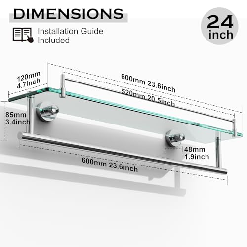 24-Inch Towel Rack with Shelves Tempered Glass Bathroom Shelves with Bar - Chrome Polished Modern Stainless Steel, Wall Mount Rustproof Tower Rail - color: Chrome Polished, size: 24-inch with Railing