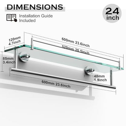 24-Inch Towel Rack with Shelves Tempered Glass Bathroom Shelves with Bar - Chrome Polished Modern Stainless Steel, Wall Mount Rustproof Tower Rail - color: Chrome Polished, size: 24-inch with Railing