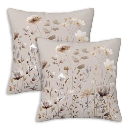 Neutral Floral Throw Pillow Covers 18x18 Set of 2 | Soft Watercolor Botanical Cushion Cases | Minimal Cottagecore Pillowcases for Living Room Sofa Bedroom | Farmhouse Home Decor - color: Watercolor Botanical