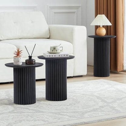 Bifins Black Round Nesting Coffee Table Set of 3 | Coffee and End Table Set,Fluted,Nesting Side Table,Drink Table,End Table,Plant Stand,Mid Century Modern,Nested - color: Black