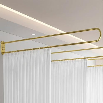 U Shaped Curtain Rod Room Divider Partition Privacy Separation Wall Mount | Heavy Duty Hanging Modern Metal Curved 6.56ft Long Space for Changing Dressing Fitting Salon Studio Apartment Medical - color: Gold