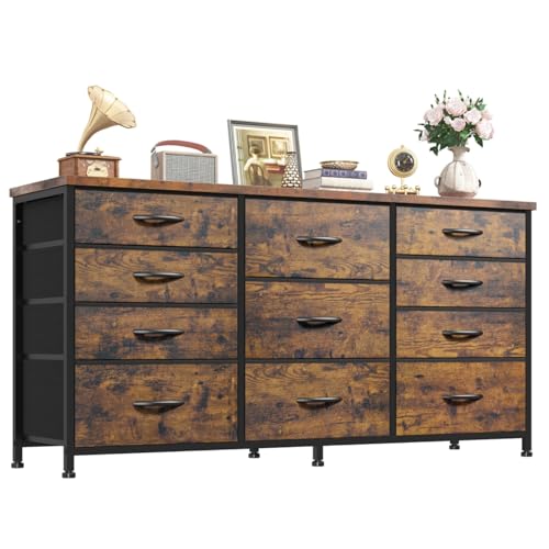 Romorgniz 47.2"W Long Dresser with 11 Fabric Drawers, TV Stand & Wooden Top | Five large and six small drawers provide organized storage, with a stable metal frame for bedrooms, living rooms and TV areas - color: Rustic Brown