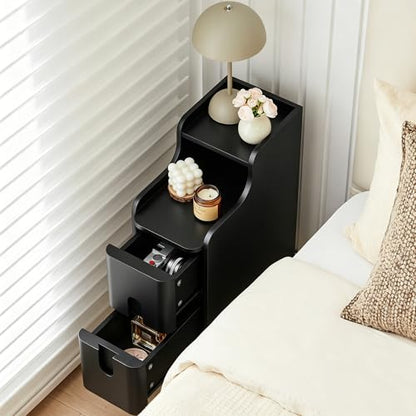 Black Narrow Nightstand, Wood 2 Drawer Small Nightstand, Slim Side Table, Modern Skinny End Bedside Table, Wood Night Stand with Drawers for Bedroom (Black-1 pc) - color: Black-1 Pc