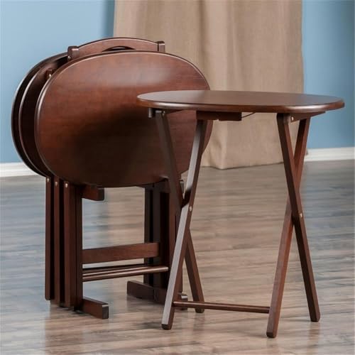 Pemberly Row 5-Piece Solid Wood Snack Table Set, Oval Shape, Cappuccino Finish, Includes Storage Stand, Portable Folding Tables for Living Room or Home Office