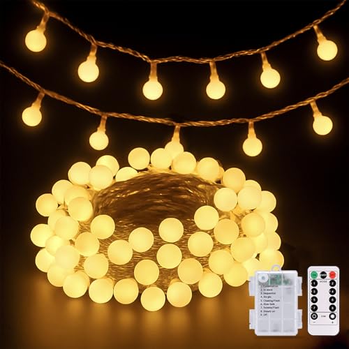 JMEXSUSS Warm White 100 LED Globe Battery Operated Christmas Lights Indoor | 33ft Battery Powered String Lights Outdoor Waterproof, Christmas String Light with Remote Timer for Bedroom Camping Decor - color: Warm White, size: 100 LED Battery