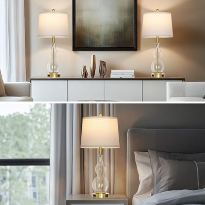 Rinweey 27.5" Clear Glass Table Lamp Set of 2,3-Way Dimmable Touch Control Bedside Lamps with USB Ports and AC Outlet, Modern Nightstand Lamps Gold lamp for Bedroom Living Room - color: Clear