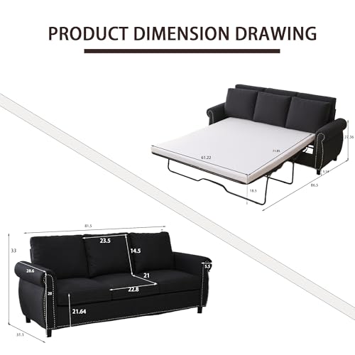Queen Pull Out Sofa Bed, 81.5‘’ Large Convertible Sleeper Sofa, 3 Seater Loveseat Sofa-Bed with Queen Size Mattress for Living Room Small Spaces Apartment Studio, Dark Gray - color: Dark Gray, size: Convertible Sleeper Sofa Bed-3 seat