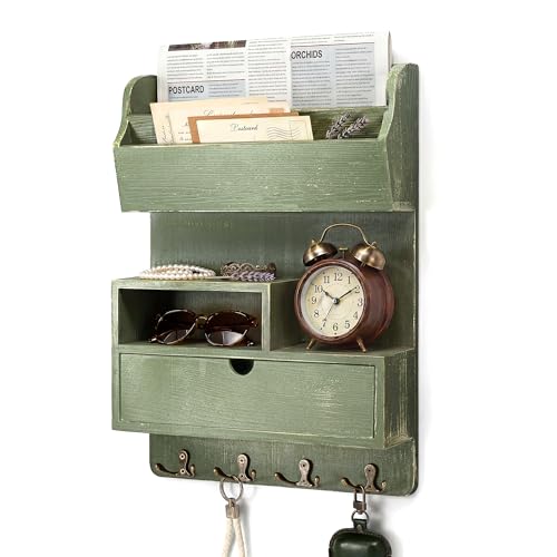 Rebee Vision Pine Wood Key Holder Wall Mount with Drawer & Mail Slot, Green | Mail and Key Organizer, 4 Key Hooks, Stores Letters , Small Items, Adds Office Style, Perfect Envelope Holder for Room Decor - color: Green