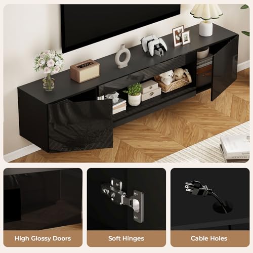 BREEZEHEAT 70'' Floating TV Stand, Wall Mounted TV Cabinet, High Glossy Entertainment Center-Modern Media Console Fits 65-80 Inches TV for Living Room/Bedroom, Remote Control, Black - color: Black