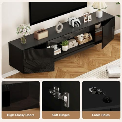BREEZEHEAT 70'' Floating TV Stand, Wall Mounted TV Cabinet, High Glossy Entertainment Center-Modern Media Console Fits 65-80 Inches TV for Living Room/Bedroom, Remote Control, Black - color: Black