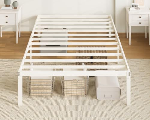 Allewie Twin Bed Frame, 14 inch Metal Platform Beds with Storage Space, No Box Spring Needed and Easy Assembly, Beige - color: Beige, size: Twin