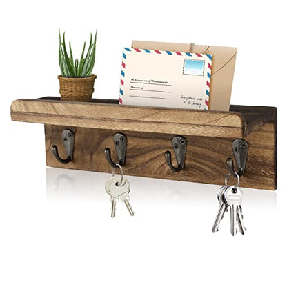HRONRAD Rustic Key Holder for Wall, Farmhouse Wall Shelf with 4 Hooks, Wall Mounted Key Racks, Wooden Mail Organizer with Hooks for Entryway (Brown) - color: Brown