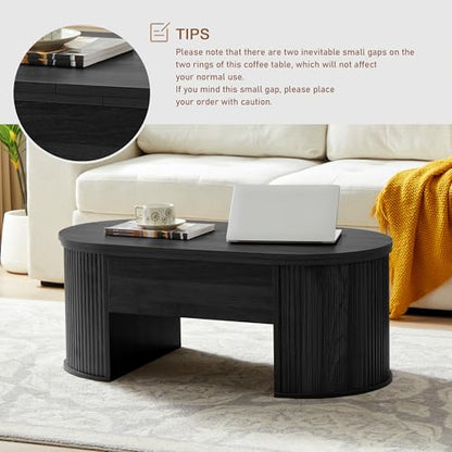 QHITTY Fluted Coffee Table with Lifting Top, Oval Wood Lift Top Coffee Table with Hidden Compartment, Mid Century Pull up Center Tables for Living Room, Office - Black - color: Round Table-black