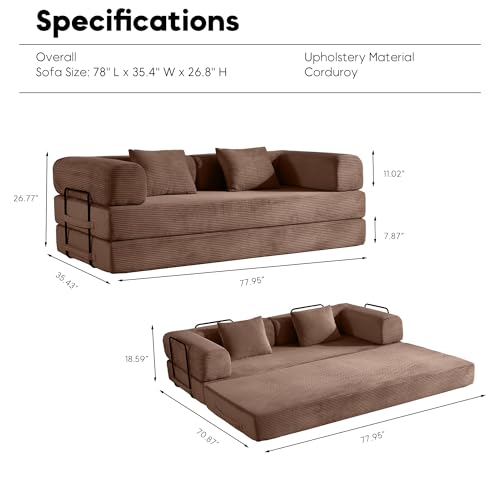 ZEIINPA Convertible Folding Couch Bed, Comfy Corduroy Sleeper Floor Sofa Bed with Fixed-Shape Frame, Floor Sofa with Armrest, Lounge Couch for Living Room Bedroom Lounge Studio, Dark Brown