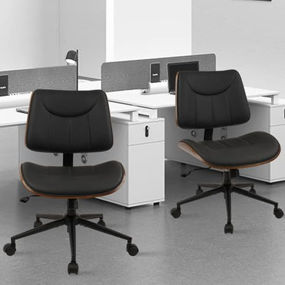 CLATINA Office Chair Armless with Wheels, Mid-Century Modern Walnut Desk Chair, Adjustable Height Reading Chair, PU Leather Mid Back & Swivel Computer Chairs for Home Meeting Room Bedroom, Black(2 PK) - color: Black Linear, size: 2 Pack