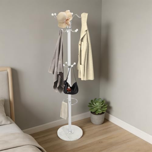 Coat Rack for Entryway, Freestanding Coat Rack, White Coat Rack with Marble Base, 3-Tier Hooks Umbrella Holder, Heavy Duty 33 lbs Capacity, for Hallway Bedroom Living Room