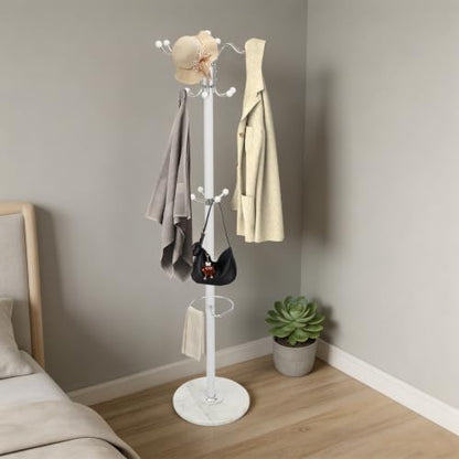 Coat Rack for Entryway, Freestanding Coat Rack, White Coat Rack with Marble Base, 3-Tier Hooks Umbrella Holder, Heavy Duty 33 lbs Capacity, for Hallway Bedroom Living Room