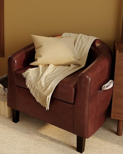 Leather Accent Chair, PU Leather Barrel Chairs, Comfy Round Club Armchair with Soft Cushion for Living Room, Bedroom, Reading, Waiting Room, Brown - color: Brown