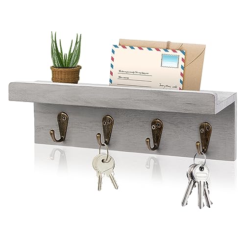 HRONRAD Rustic Key Holder for Wall, Farmhouse Wall Shelf with 4 Hooks, Wall Mounted Key Racks, Wooden Mail Organizer with Hooks for Entryway (Grey) - color: Gray