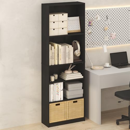 Furinno Jaya Simply Book Shelf, 5-Tier Bookshelf, Bookcase with Adjustable Shelves, 9.5 x 24.5 x 71.2, for Living Room, Bedroom, Home Office, Darkwood - color: Blackwood, size: 5-Tier, 9.5 x 24.5 x 71