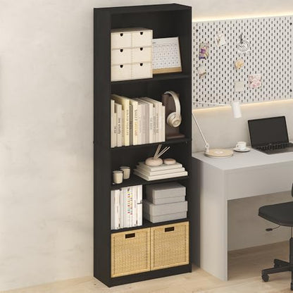 Furinno Jaya Simply Book Shelf, 5-Tier Bookshelf, Bookcase with Adjustable Shelves, 9.5 x 24.5 x 71.2, for Living Room, Bedroom, Home Office, Darkwood - color: Blackwood, size: 5-Tier, 9.5 x 24.5 x 71