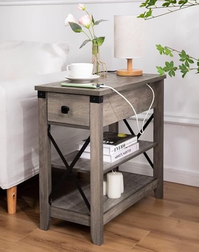 Awescuti Narrow End Table with Charging Station - Farmhouse Slim Side Table Set of 2, w/USB Ports Power Outlets, Nightstand w/Flip Top Storage Drawer, for Small Spaces Living Room Bedroom, Gray - color: Grey, size: Set