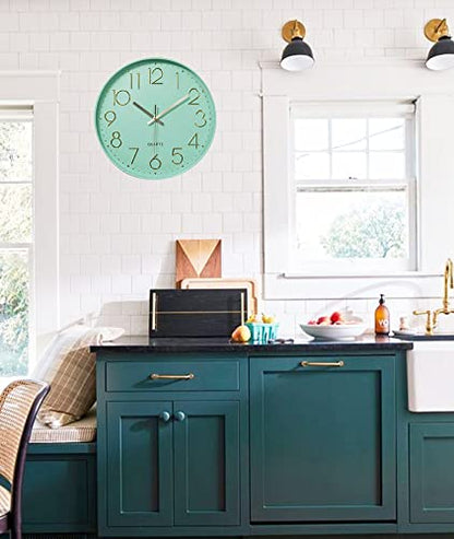 12 in Wall Clock Non-Ticking Quartz Silent Battery Operated Round Clocks Home Kitchen Office School Living Room Decor Clocks (Mint Green) - color: Mint Green