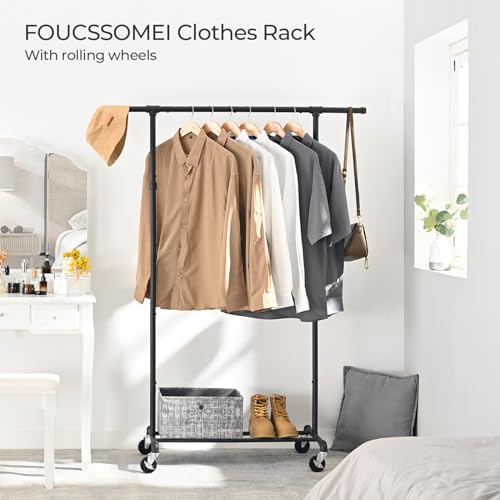 FOUCSSOMEI Clothing Rack with Wheels, Heavy Duty Clothes Rack, Rolling Garment Rack, Metal Clothing Hanger Rack, Closet Organizer, for Bedroom Living Room, Yard Sales, Commercial Grade, Black - size: Single Rod