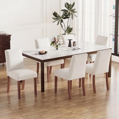 Dining Chairs Set of 6, Parsons Chairs for Small Spaces, Light Beige | Modern Dining Room Chairs with Solid Wooden Legs, Fabric Upholstered Kitchen Chairs for Restaurant & Cafe - color: Light Beige, size: Set of 6