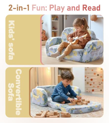 little dove 2-in-1 Kids Couch, Kid Sofa that Fold Out, Glow in the Dark Kid Chair, Extra Wide Kids Sofa, Comfy Kids Chair, Convertible Couch, Gifts for Girls & Boys, Dinosaur - color: Dinosaur