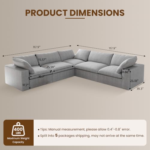 120" Cloud Modular Sofa, Convertible Modular V-Shaped Couch with Storage Ottoman, Cotton Linen Fabric Sofa for Living Room, Apartment and Bedroom, Removable Covers, 2 Pillows, Grey - color: Grey, size: V-Shape