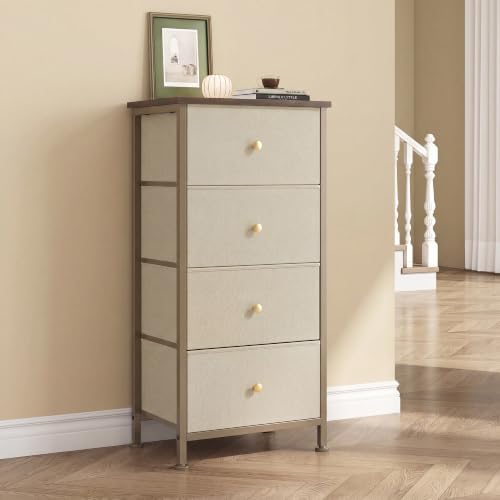 DUMOS Nightstand with 4 Drawers Bedside Table with Removable Fabric Bins Sturdy Steel Frame Wood Top Organizer Furniture for Bedroom Closet Living Room, Tan - color: Tan, size: 11.8"D x 17.7"W x 37.4"H (4 Drawers)