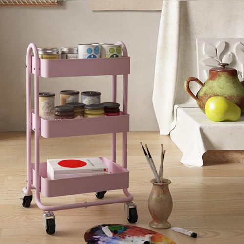 Metal Rolling Cart,3-Tier Pink Rolling Cart with Wheels,Metal Utility Cart with Wheels for Office,Home,Kitchen,Garden（13.4"x18.1"x31"） Pink - color: Pink, size: 31"H