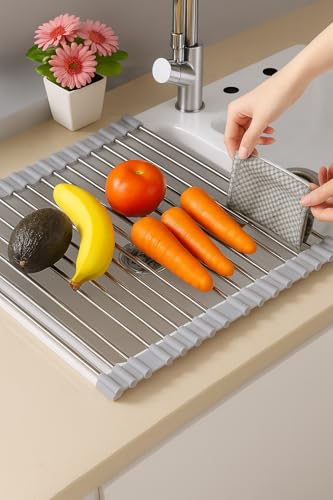 Over Sink Dish Dryng Rack - Roll Up Stainless Stell & Silicone Drying mat, Heat Resistant, Non-Slip & Foldable, Space Saving Kitchen Organizer (17.3"x 15.7") - color: Gray