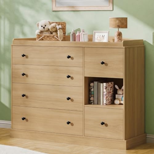 Kids Dresser Cabinet with 6 Drawers, Changing Table for Nursery with Shelf, Multi-Functional Chest of Drawers, Kids Bedroom Furniture, Nightstand for Children's Room, Oak - color: Oak