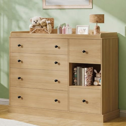 Kids Dresser Cabinet with 6 Drawers, Changing Table for Nursery with Shelf, Multi-Functional Chest of Drawers, Kids Bedroom Furniture, Nightstand for Children's Room, Oak - color: Oak