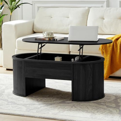 QHITTY Fluted Coffee Table with Lifting Top, Oval Wood Lift Top Coffee Table with Hidden Compartment, Mid Century Pull up Center Tables for Living Room, Office - Black - color: Round Table-black